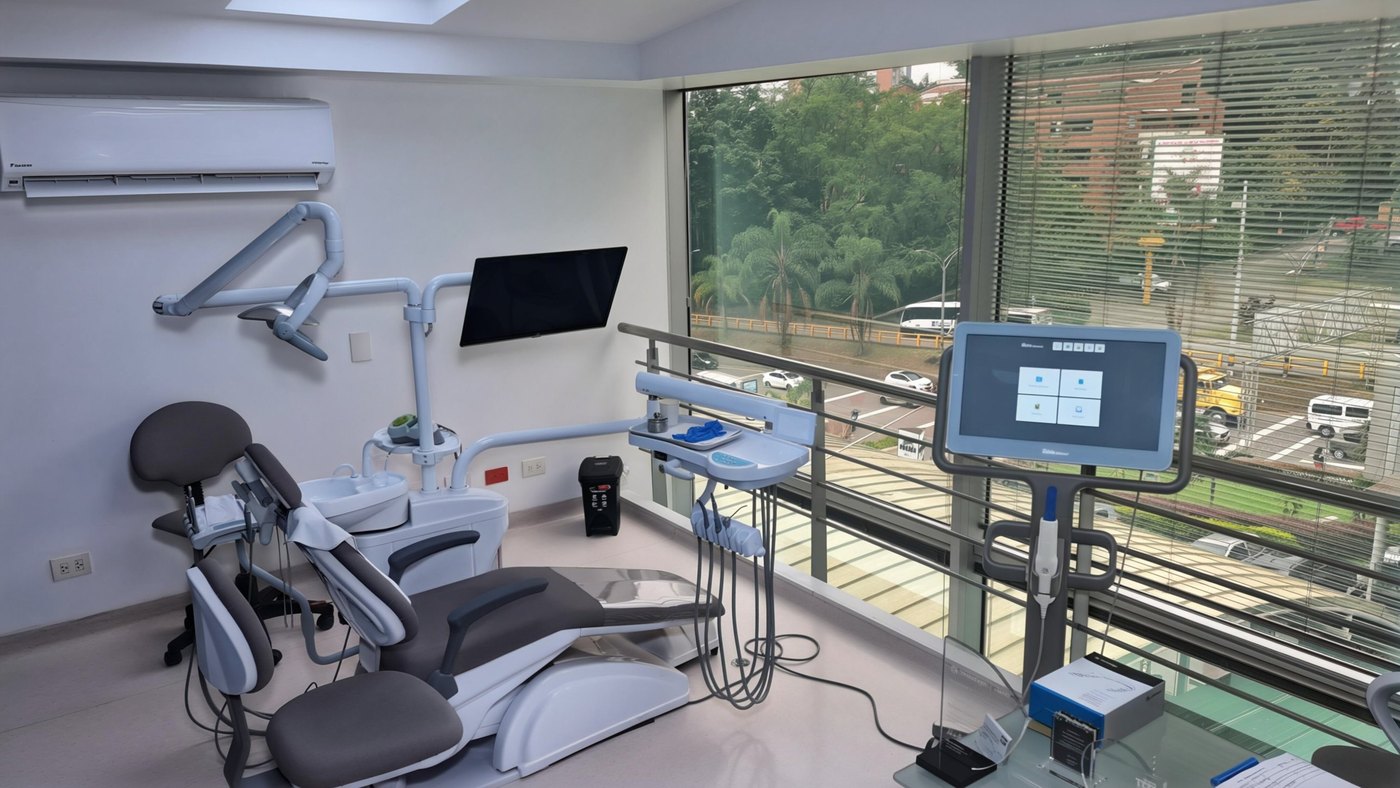 A treatment room with a window over Las Palmas at Medellin Dental Solutions, an English-speaking dentist in Medellín, El Poblado